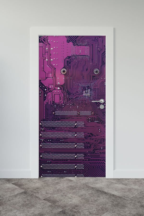 computer-class-door-design-8892-00 Mor Devre Kartı Desenli Kapı Giydirme - BT Sınıfı & Teknoloji Alanları 8892
