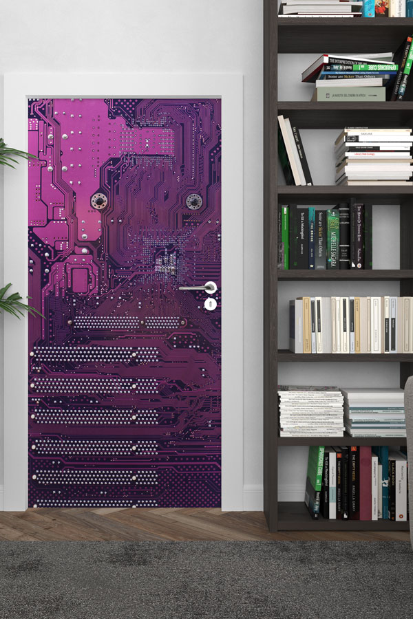 Mor Devre Kartı Desenli Kapı Giydirme - BT Sınıfı & Teknoloji Alanları 8892