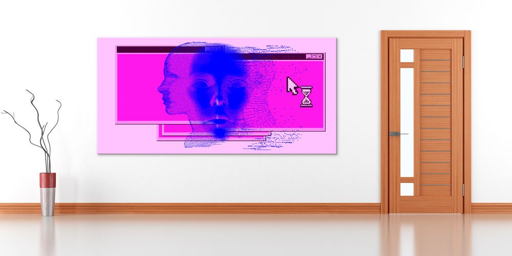 Dijital Zaman ve Yapay Zeka Temalı Pembe Tonlarda Büyük Ebat Duvar Dekoru 7797