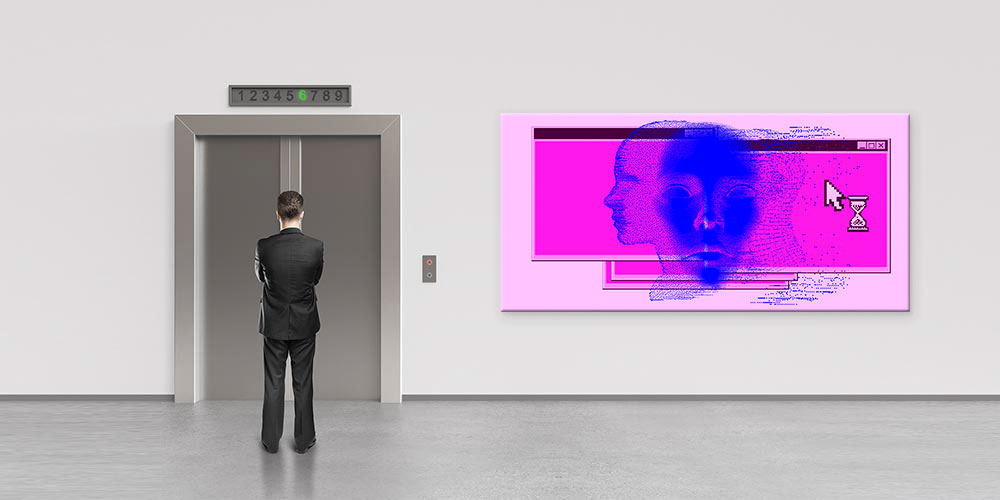 Dijital Zaman ve Yapay Zeka Temalı Pembe Tonlarda Büyük Ebat Duvar Dekoru 7797