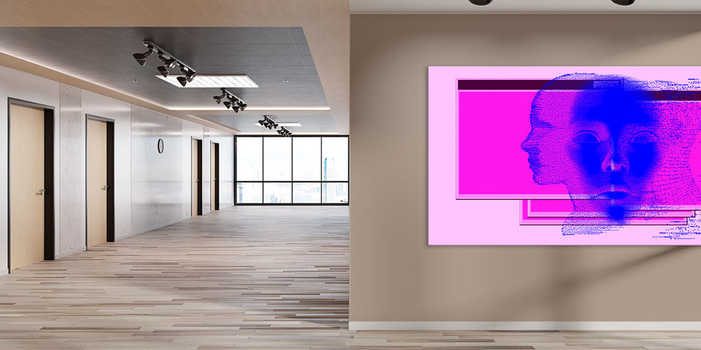 Dijital Zaman ve Yapay Zeka Temalı Pembe Tonlarda Büyük Ebat Duvar Dekoru 7797