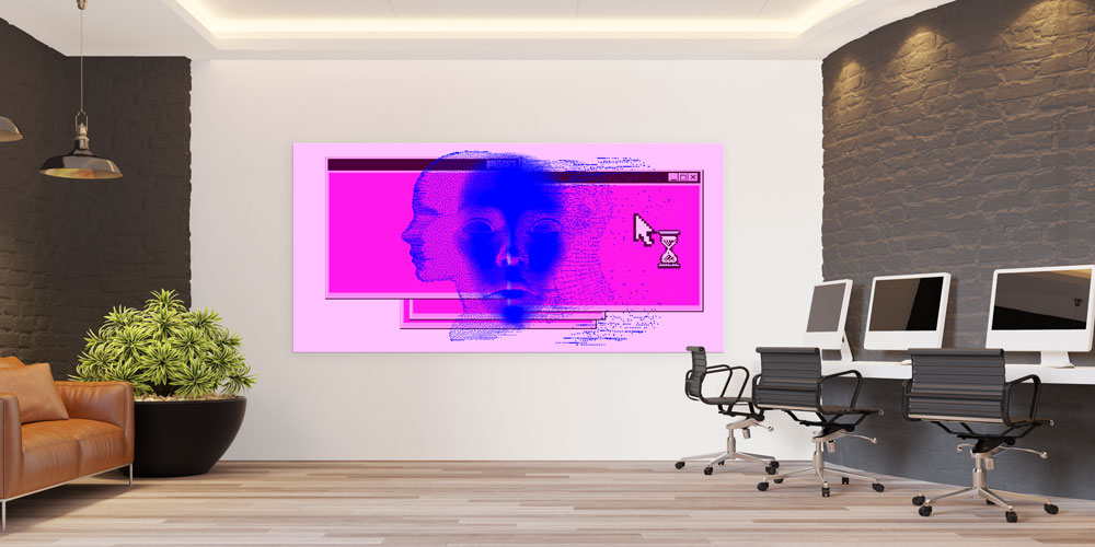 Dijital Zaman ve Yapay Zeka Temalı Pembe Tonlarda Büyük Ebat Duvar Dekoru 7797