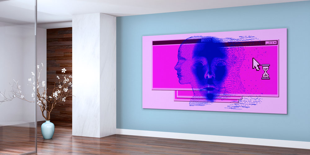 Dijital Zaman ve Yapay Zeka Temalı Pembe Tonlarda Büyük Ebat Duvar Dekoru 7797