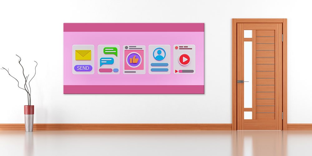 Sosyal Medya ve Dijital İletişim Temalı Pembe Renkli Büyük Ebat Duvar Dekoru 7801