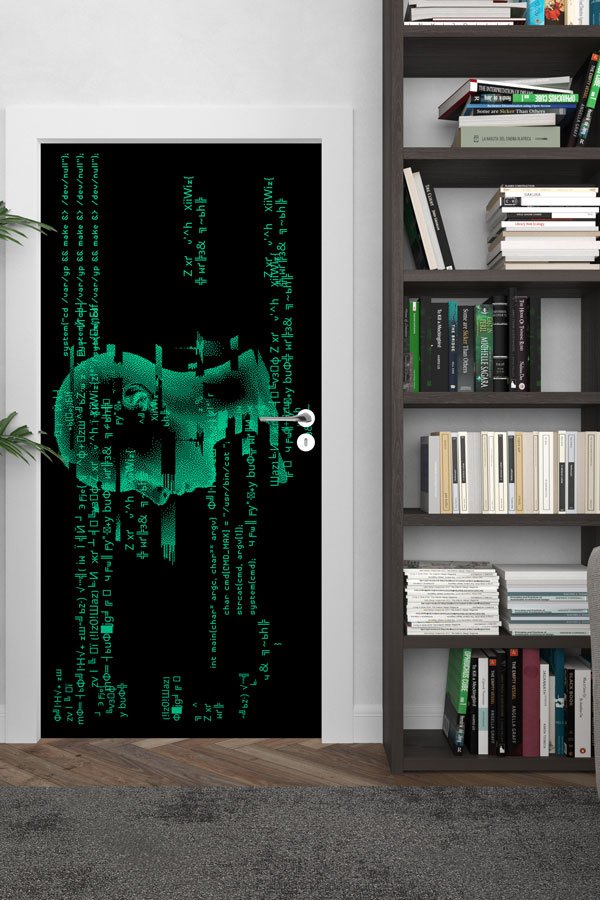 Dijital İnsan Başı ve Kod Akışı Kapı Giydirme - Siber Güvenlik & Kodlama Temalı 8900