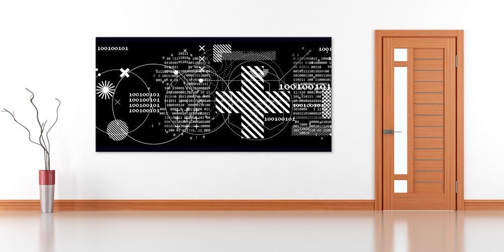 Binary Kod ve Geometrik Formlar Temalı Siyah-Beyaz Büyük Ebat Duvar Dekoru 7800