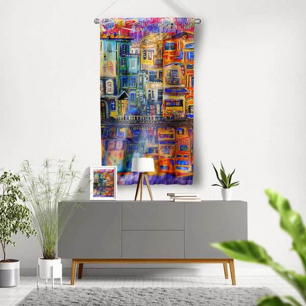 Renkli Bina Desenli Dekoratif Duvar Flaması Kumaş Baskı 5622