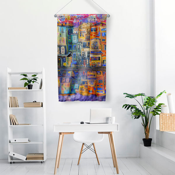 Renkli Bina Desenli Dekoratif Duvar Flaması Kumaş Baskı 5622