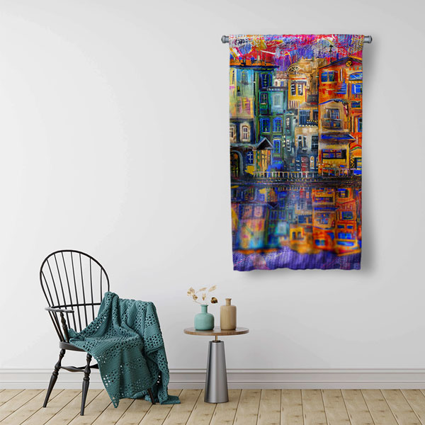 Renkli Bina Desenli Dekoratif Duvar Flaması Kumaş Baskı 5622