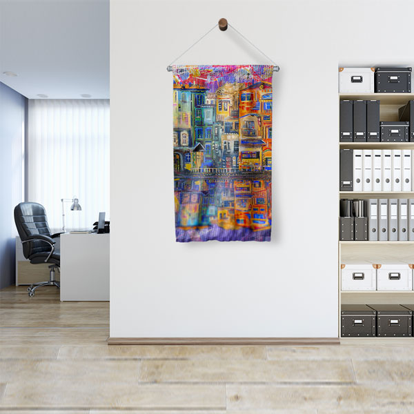 Renkli Bina Desenli Dekoratif Duvar Flaması Kumaş Baskı 5622