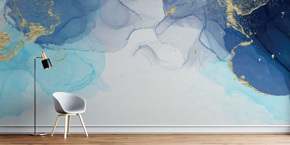 Mavi ve Altın Efektli Soyut Sanat Duvar Kağıdı 4159