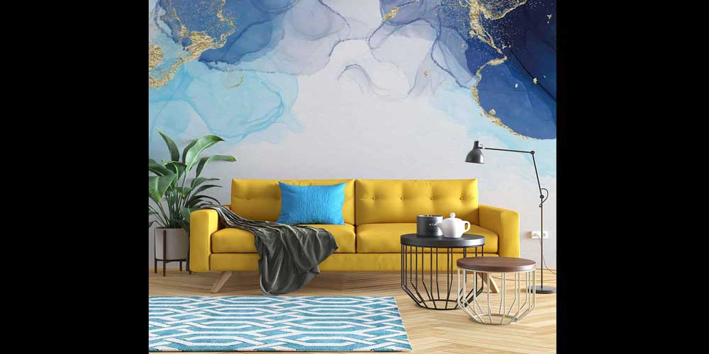 Mavi ve Altın Efektli Soyut Sanat Duvar Kağıdı 4159