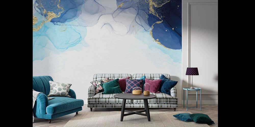 Mavi ve Altın Efektli Soyut Sanat Duvar Kağıdı 4159