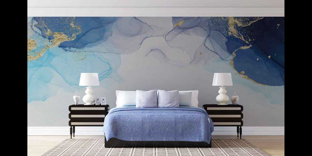 Mavi ve Altın Efektli Soyut Sanat Duvar Kağıdı 4159