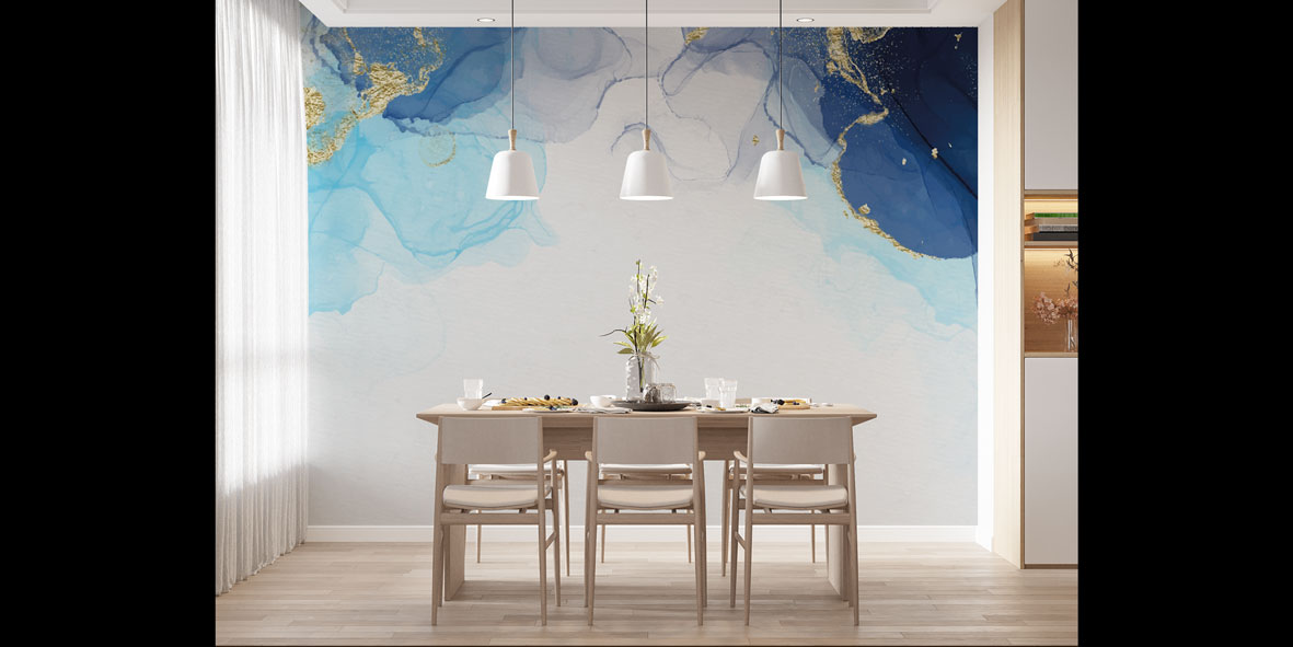 Mavi ve Altın Efektli Soyut Sanat Duvar Kağıdı 4159