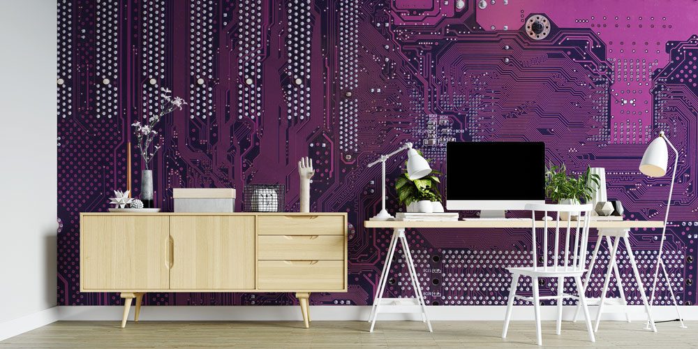 dekor-duvar-kagidi-5397-03 Mor Devre Kartı Desenli Teknoloji Duvar Kağıdı 5397