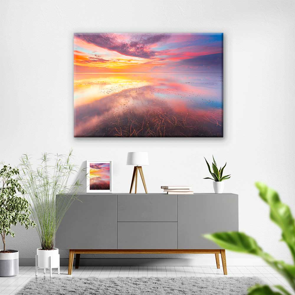 Pembe ve Turuncu Gün Batımı Deniz Yansıması Kanvas Tablo 4377
