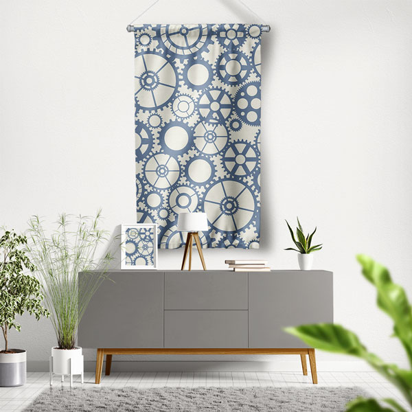Mavi Dişli Çark Desenli Endüstriyel Duvar Flaması 5517