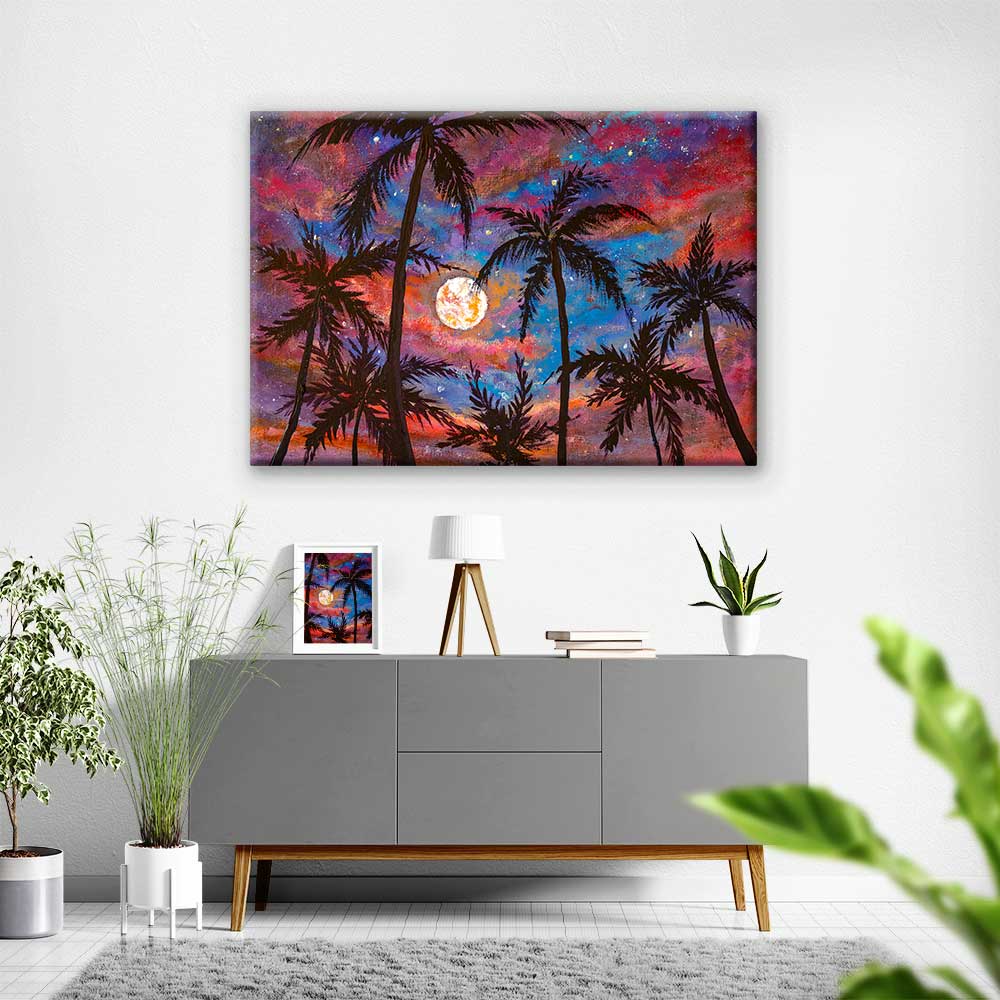 Ay Işığında Palmiye Siluetleri Renkli Gökyüzü Kanvas Tablo 4378