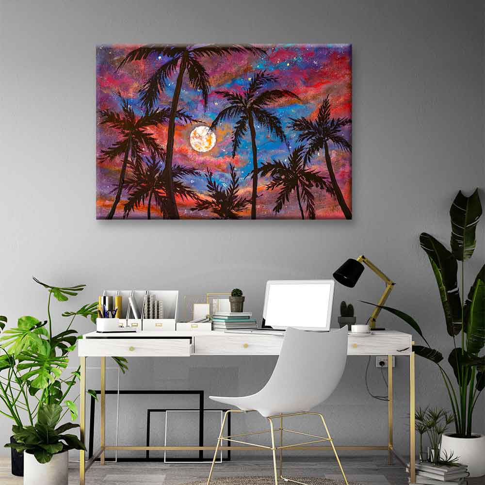 Ay Işığında Palmiye Siluetleri Renkli Gökyüzü Kanvas Tablo 4378