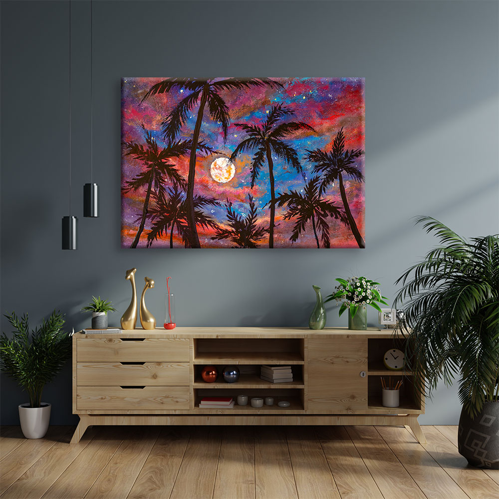 Ay Işığında Palmiye Siluetleri Renkli Gökyüzü Kanvas Tablo 4378