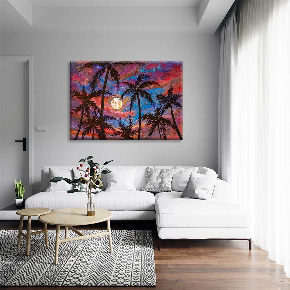 Ay Işığında Palmiye Siluetleri Renkli Gökyüzü Kanvas Tablo 4378