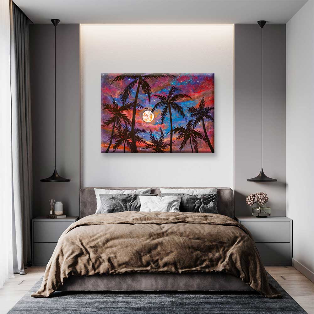 Ay Işığında Palmiye Siluetleri Renkli Gökyüzü Kanvas Tablo 4378