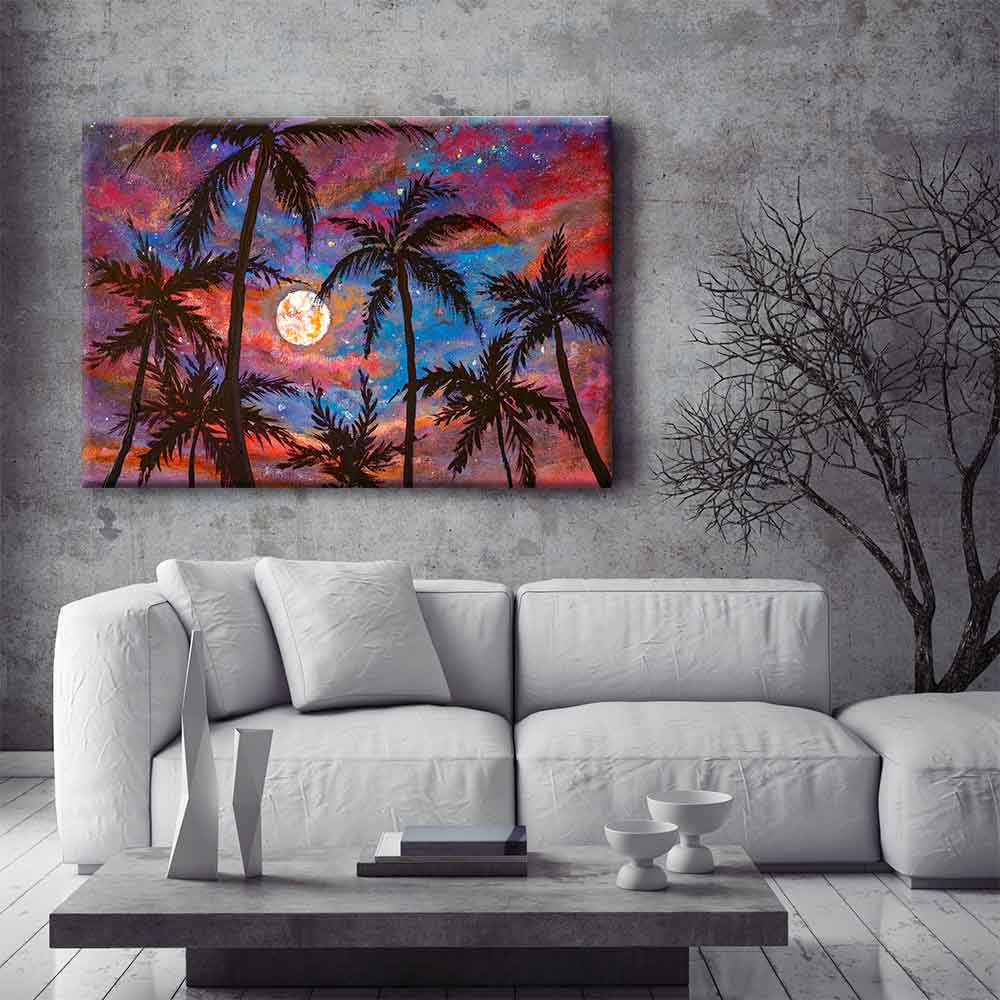 Ay Işığında Palmiye Siluetleri Renkli Gökyüzü Kanvas Tablo 4378