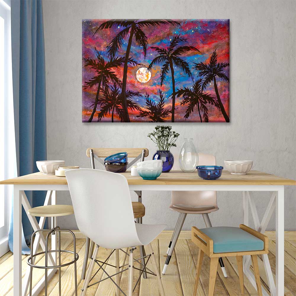 Ay Işığında Palmiye Siluetleri Renkli Gökyüzü Kanvas Tablo 4378