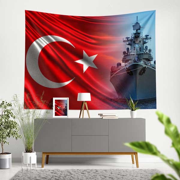 deniz-kuvvetleri-dekor-11041-00 Türk Bayrağı ve Savaş Gemisi Temalı Duvar Örtüsü 11041