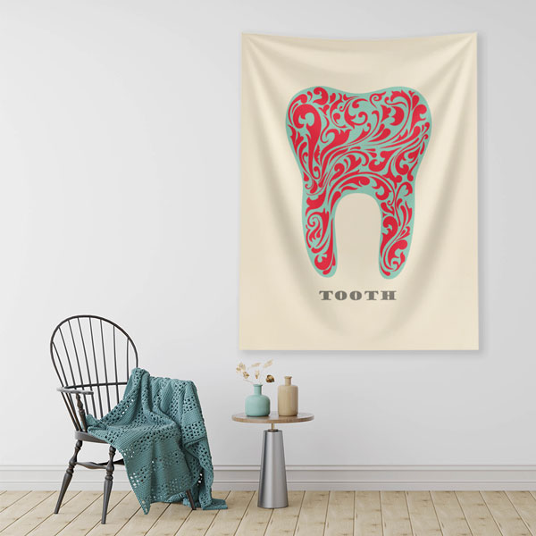 dental-duvar-dekor-6028-01 Kırmızı Sanatsal Diş Figürü Duvar Örtüsü Dekoratif Kumaş Baskı 6028