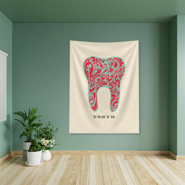 dental-duvar-dekor-6028-02 Kırmızı Sanatsal Diş Figürü Duvar Örtüsü Dekoratif Kumaş Baskı 6028