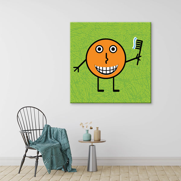 dental-duvar-kanvas-1175-01 Diş Fırçası Tutan Sevimli Karakter Temalı Kanvas Duvar Tablosu – 1175
