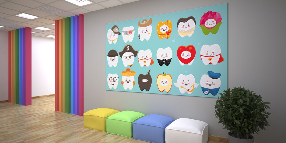 Diş Klinikleri İçin Renkli Diş İllüstrasyonlu Büyük Ebat Duvar Dekoru 7886