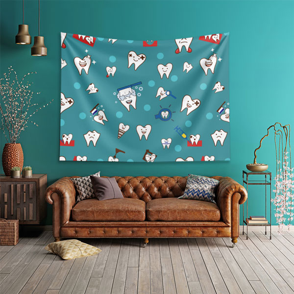 Mavi Zemin Üzerinde Diş İllüstrasyonları Duvar Örtüsü Dekoratif Kumaş Baskı 6017