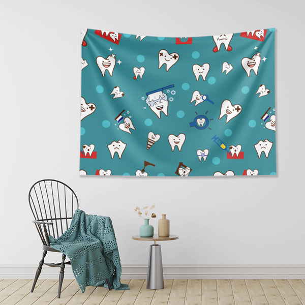 Mavi Zemin Üzerinde Diş İllüstrasyonları Duvar Örtüsü Dekoratif Kumaş Baskı 6017