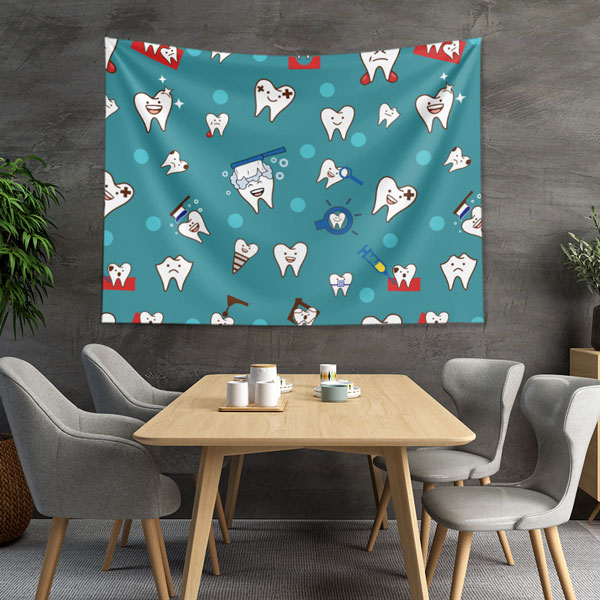 Mavi Zemin Üzerinde Diş İllüstrasyonları Duvar Örtüsü Dekoratif Kumaş Baskı 6017
