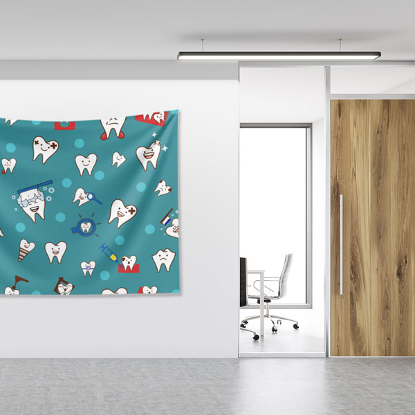 Mavi Zemin Üzerinde Diş İllüstrasyonları Duvar Örtüsü Dekoratif Kumaş Baskı 6017