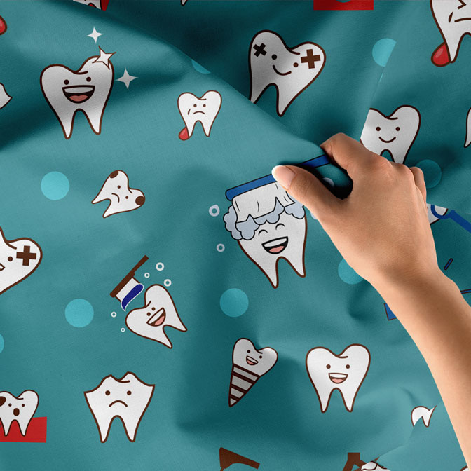 Mavi Zemin Üzerinde Diş İllüstrasyonları Duvar Örtüsü Dekoratif Kumaş Baskı 6017