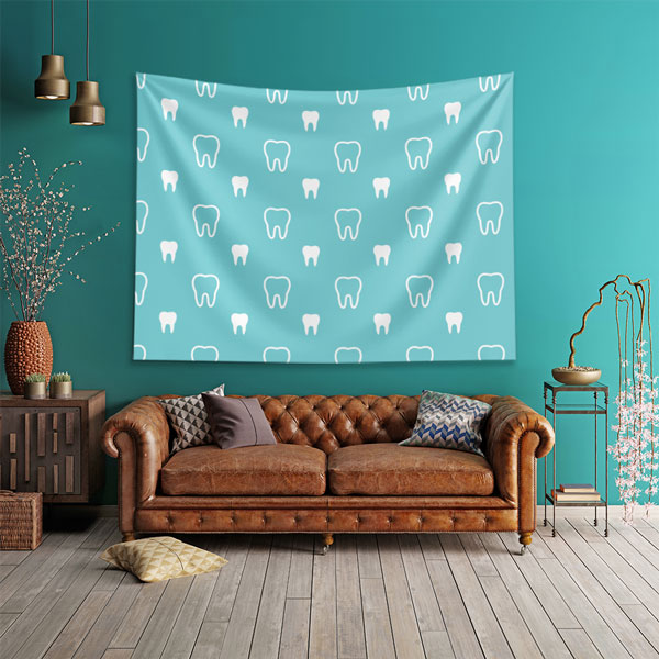 Mavi Zemin Üzerinde Diş Desenli Duvar Örtüsü Dekoratif Kumaş Baskı 6020