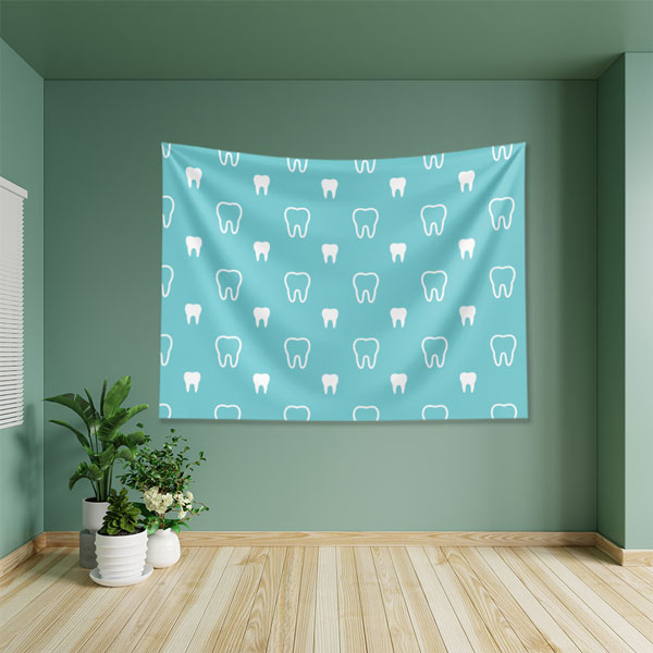 dental-wall-art-decor-6020-02 Mavi Zemin Üzerinde Diş Desenli Duvar Örtüsü Dekoratif Kumaş Baskı 6020
