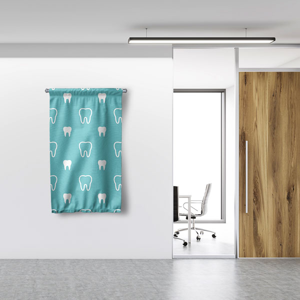 dental-wall-banner-6038-02 Diş Klinikleri İçin Mavi Arka Planlı Diş Desenli Duvar Flaması 6038