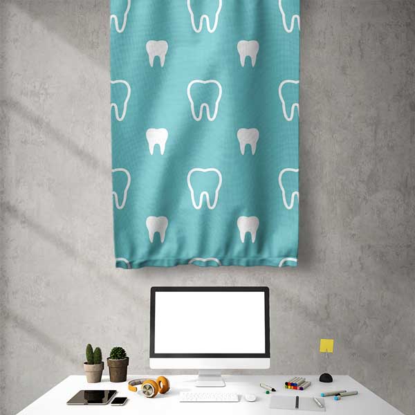 dental-wall-banner-6038-03 Diş Klinikleri İçin Mavi Arka Planlı Diş Desenli Duvar Flaması 6038