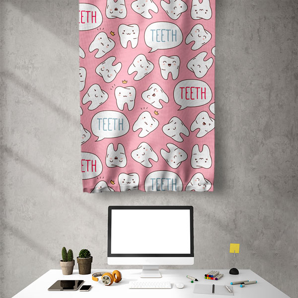 Diş Klinikleri İçin Pembe Desenli Diş Temalı Duvar Flaması 6036