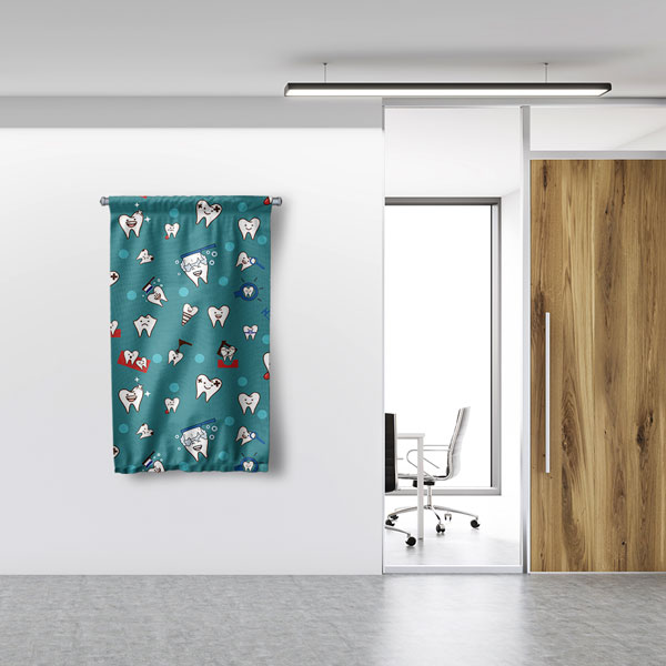 Diş Klinikleri İçin Mavi Desenli Diş İllüstrasyonlu Duvar Flaması 6037