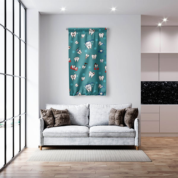 Diş Klinikleri İçin Mavi Desenli Diş İllüstrasyonlu Duvar Flaması 6037