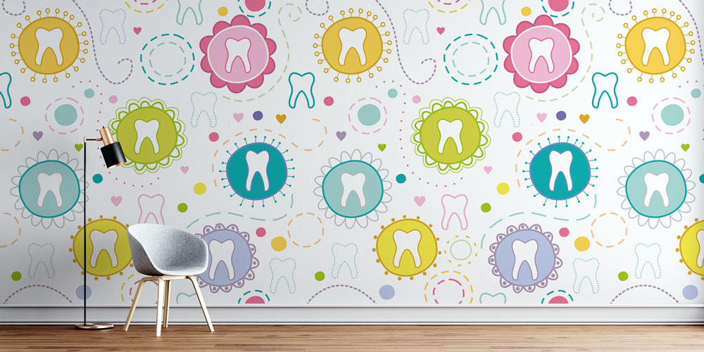 Diş Klinikleri için Renkli Desenli Diş Temalı Duvar Kağıdı 2501