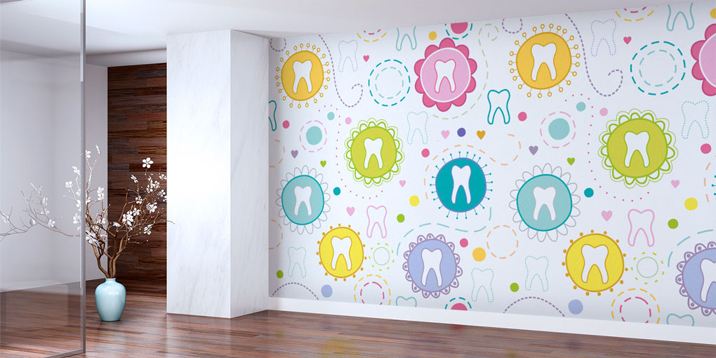 Diş Klinikleri için Renkli Desenli Diş Temalı Duvar Kağıdı 2501