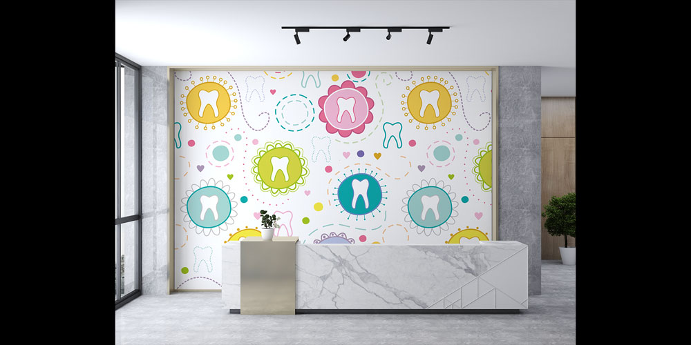 Diş Klinikleri için Renkli Desenli Diş Temalı Duvar Kağıdı 2501