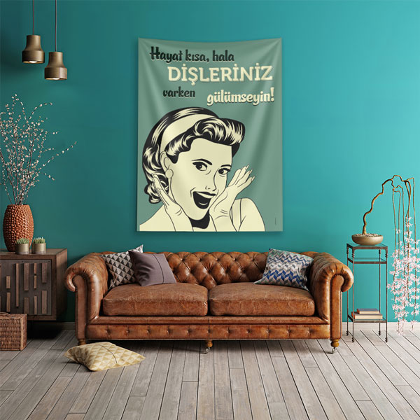 dental-wall-design-6030-00 Vintage Tipografik Diş Temalı Duvar Örtüsü Dekoratif Kumaş Baskı 6030